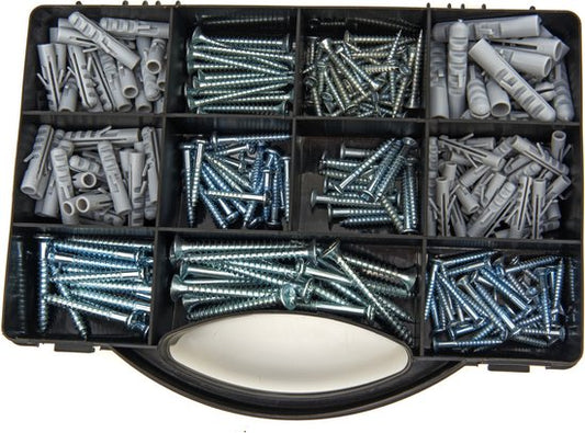 "Assortment Box with 259 Pieces of Plugs and Screws" 
"259 Piece Plugs and Screws Assortment Box" 
English product name: "259 Piece Plugs and Screws Assortment Box"