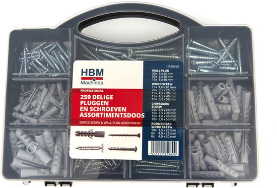 "Assortment Box with 259 Pieces of Plugs and Screws" 
"259 Piece Plugs and Screws Assortment Box" 
English product name: "259 Piece Plugs and Screws Assortment Box"
