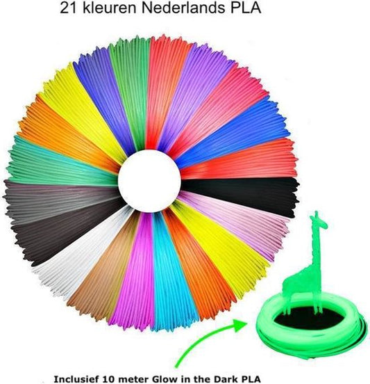 "Navullingen voor 3D-pennen - PLA Filament - 21 kleuren - 110 meter - 1,75mm - Glow in the dark - Geschikt voor bijna alle 3D-pennen"
Productnaam in het Engels: "3D Pen Refills"