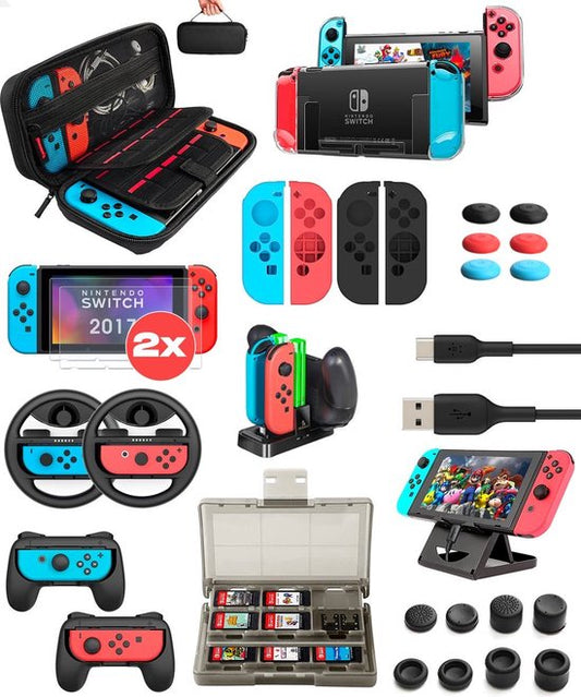 Ultimate 30-in-1 Nintendo Switch Accessory Kit - Protective Case, Storage Bag, Screen Protector, Joy-Con Grips, Steering Wheels, Charging Dock, Game Card Holder