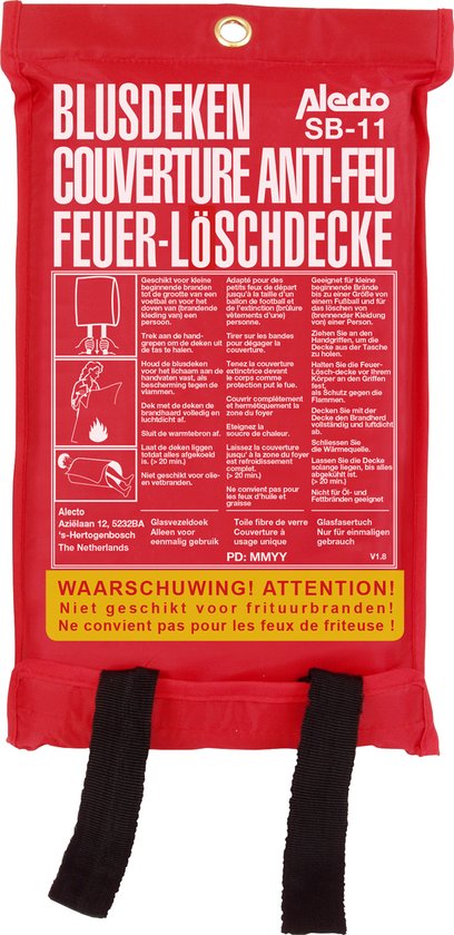 "Alecto SB-11 Fire Blanket - 100x100 cm - Complies with European Standard EN1869 - Easy to Hang"
Product Name in English: Alecto SB-11 Fire Blanket