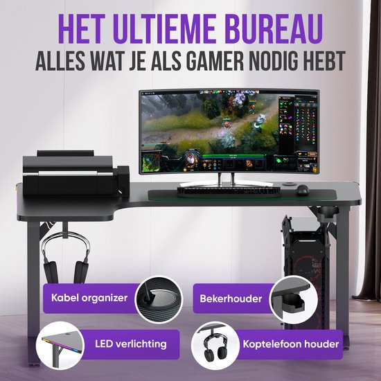 Avalo L-Shaped Gaming Desk - 160x100x75 CM - LED Lit Corner Desk - Sleek Black Design