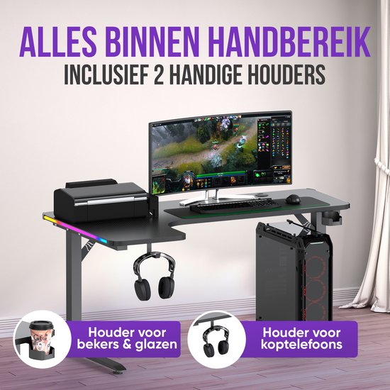 Avalo L-Shaped Gaming Desk - 160x100x75 CM - LED Lit Corner Desk - Sleek Black Design