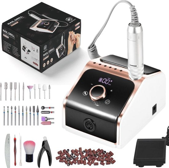 Beeperfect® Ultimate Edition Electric Nail File - Nail Drill - Manicure and Pedicure Set - Wireless - Includes 25 Bits, 100 Sanding Bands, and 5 Accessories - With Foot Pedal - 35000RPM
Beeperfect Ultimate Edition Electric Nail File
