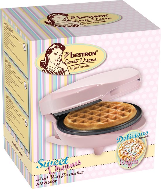 "Bestron Mini Waffle Maker for Classic Waffles - Non-Stick Waffle Iron for Children's Parties, Family Gatherings, Easter or Christmas - Retro Design - 550 Watts - Color: Pink"
Product Name in English: Bestron Mini Waffle Maker