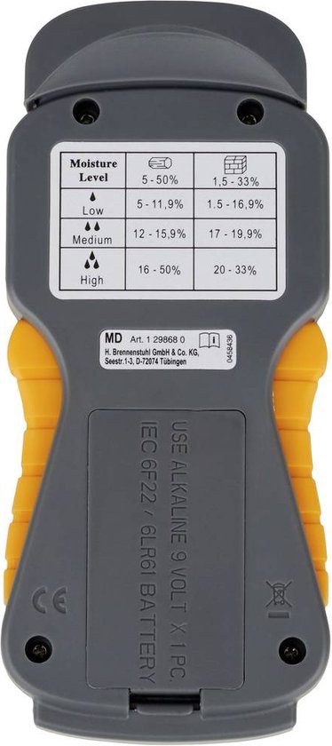 "Brennenstuhl Moisture Meter MD (Wood/Wall/Building Material Moisture Meter, with LCD Display) Anthracite/Yellow"
Moisture Meter MD