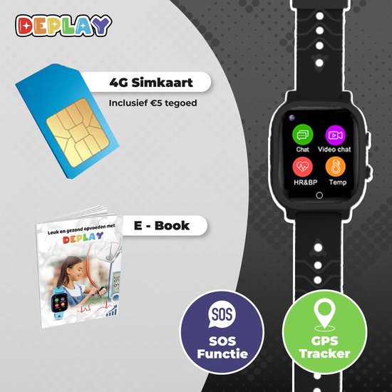 "Zwarte DEPLAY 4G KidsWatch - Smartwatch voor Kinderen met GPS Tracker" 
Productnaam in het Engels: DEPLAY 4G KidsWatch