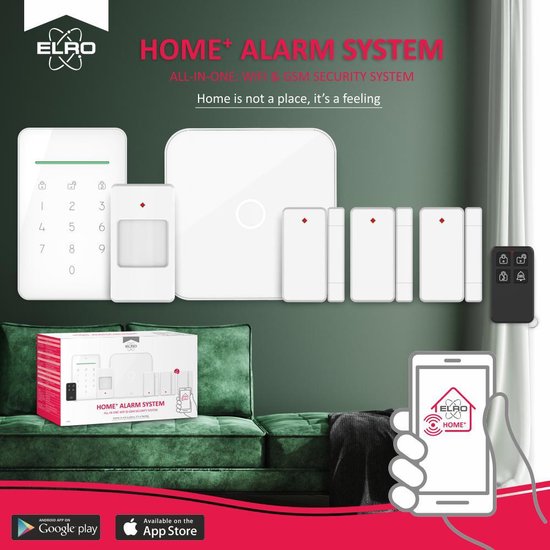 "ELRO AS90S Home+ Slim Wireless Alarm System - Wifi - GSM Function - Best Tested - With Base Station, Control Panel, Motion Detector, 3x Door/Window Contact, and Remote Control"
Product Name in English: ELRO AS90S Home+ Slim Wireless Alarm System