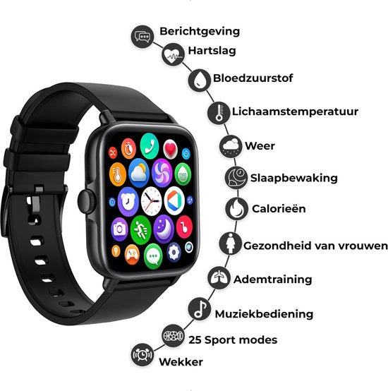 Fance Smartwatch - Sleek Black - Unisex HD Touchscreen Watch with Step Counter, Blood Pressure & Oxygen Monitor - Compatible with iOS & Android