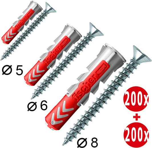 "Fischer Plugs and Screws Set | Assortment | Tornitrex | Duopower | 200 Sets - 400 Pieces"
Product Name in English: Tornitrex Duopower