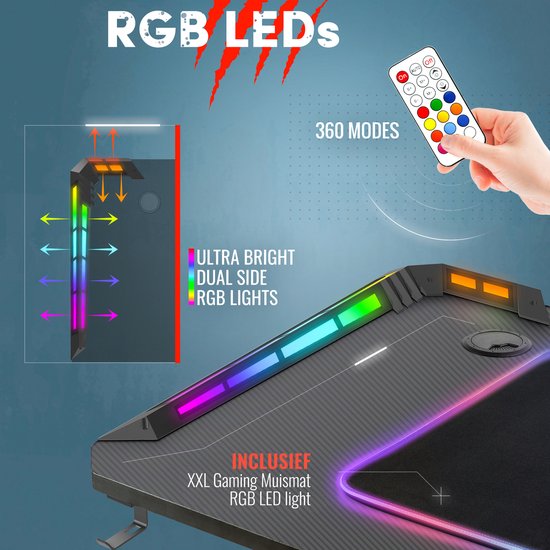 Ultimate Gaming Desk with LED Lights - 140x60x73 cm - Includes XXL RGB Mouse Pad - For The Win