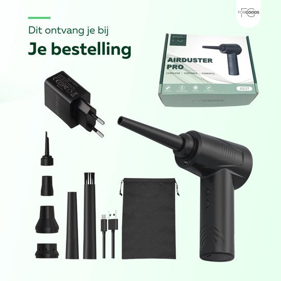 "Rechargeable and Wireless Forgoods Airduster Pro - Blow and Suck - Computer Cleaning - Air Duster - Compressed Air - Dust Cleaner - 55,000 RPM - Black - Includes Plug"
English product name: Forgoods Airduster Pro