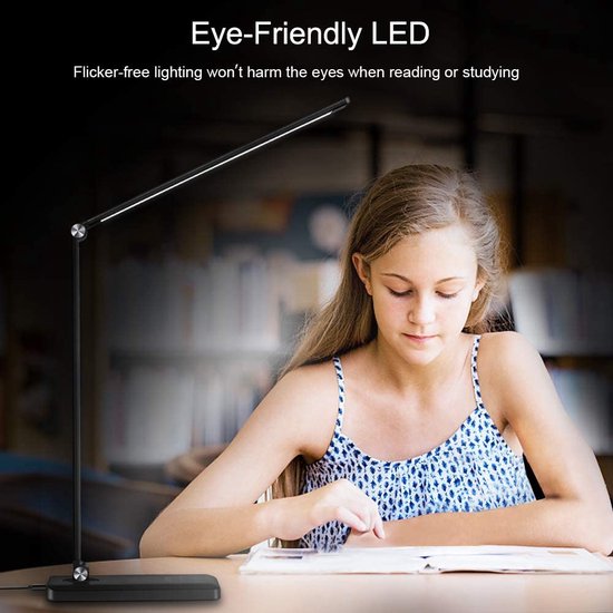Fuegobird EK009 LED Desk Lamp – Wired & Qi Wireless Phone Charging – Dimmable – Timer – Foldable – Smart Touch – Black