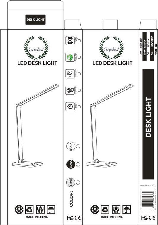Fuegobird EK009 LED Desk Lamp – Wired & Qi Wireless Phone Charging – Dimmable – Timer – Foldable – Smart Touch – Black