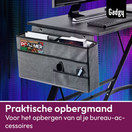 "Gadgy Carbon PRO Gaming Desk - 130 CM Wide Gaming Corner Desk - Gaming Desk with Carbon Details - Gaming Desk with Headphone Holder, Screen Riser & Storage Basket - Level Up with Gadgy - Black Carbon"
Productnaam in het Engels: Gadgy Carbon PRO Gaming Desk