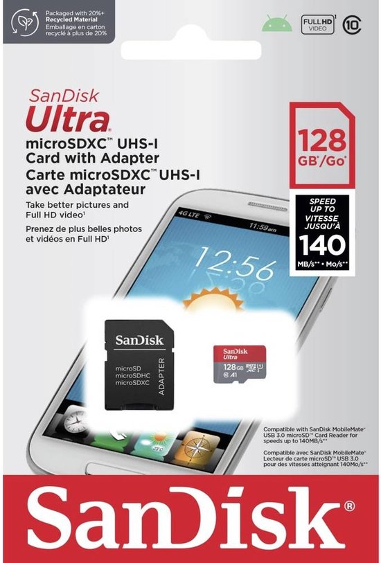 Sandisk MicroSDXC Ultra 128GB Geheugenkaart (140mb/s C10 - SDA UHS-I)
SanDisk MicroSDXC Ultra 128GB Memory Card