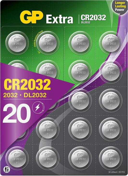 "20 stuks GP Extra Lithium CR2032 - 3V knoopcel batterijen" 
"GP Extra Lithium CR2032 - 3V Coin Cell Batteries - 20 pieces"