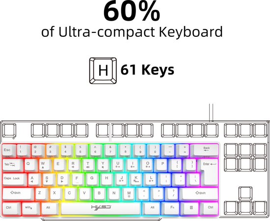 "HXSJ V700 RGB Membraan Bedraad Gaming Toetsenbord - 61 Toetsen - Qwerty - Wit"
Productnaam in het Engels: HXSJ V700 RGB Membrane Wired Gaming Keyboard - 61 Keys - Qwerty - White