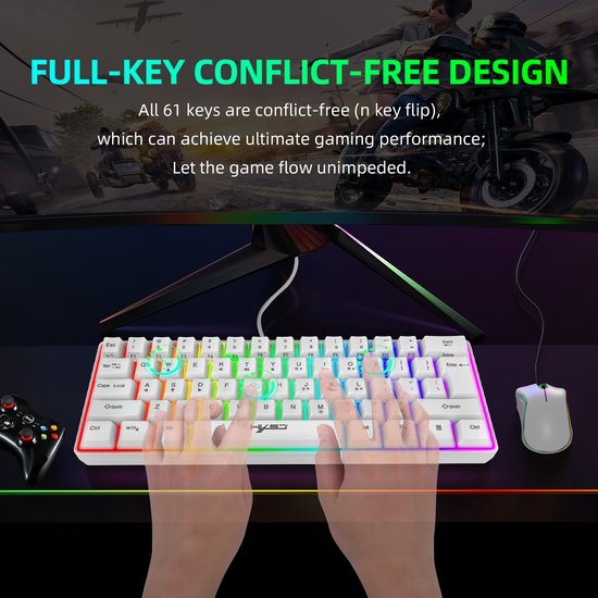 "HXSJ V700 RGB Membraan Bedraad Gaming Toetsenbord - 61 Toetsen - Qwerty - Wit"
Productnaam in het Engels: HXSJ V700 RGB Membrane Wired Gaming Keyboard - 61 Keys - Qwerty - White