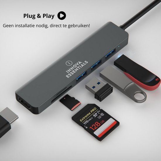 6-in-1 Innova USB C Hub - USB Splitter - USB Hub - USB C Dock - USB 3.0 - 4K UHD HDMI - SD Card - Micro SD Card - MacBook - Windows - Universal
Innova USB C Hub 6-in-1 USB Splitter USB Hub USB C Dock USB 3.0 4K UHD HDMI SD Card Micro SD Card MacBook Windows Universal