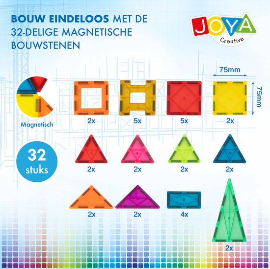 Joya Creative Magnetic Tiles - 32-Piece Construction Toy - Magnetic Toy - Magnetic Building Blocks - Sustainable Toy
Joya Creative Magnetic Tiles