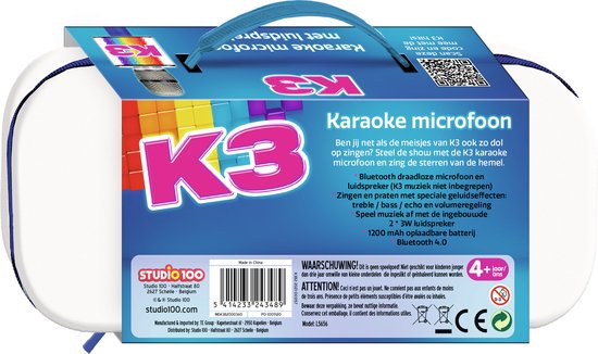 K3 Karaoke Microfoon met Geluidseffecten en Luidspreker wordt herschreven als: "K3 Karaoke Microfoon met Geluidseffecten en Ingebouwde Luidspreker".
De Engelse productnaam zonder leestekens is: "K3 Karaoke Microphone with Sound Effects and Built-in Speaker".