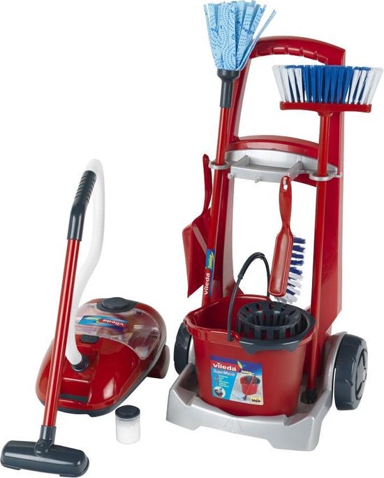 "Vileda Cleaning Cart by Klein Toys - Vacuum Cleaner, Floor Mop, Bucket with Wringer, Broom, Dustpan and Brush - Includes Realistic Suction and Sound Effects - Red Blue"
Vileda Cleaning Cart