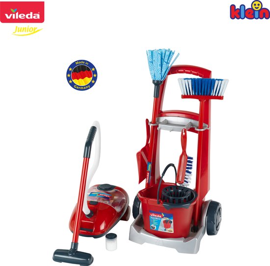 "Vileda Cleaning Cart by Klein Toys - Vacuum Cleaner, Floor Mop, Bucket with Wringer, Broom, Dustpan and Brush - Includes Realistic Suction and Sound Effects - Red Blue"
Vileda Cleaning Cart
