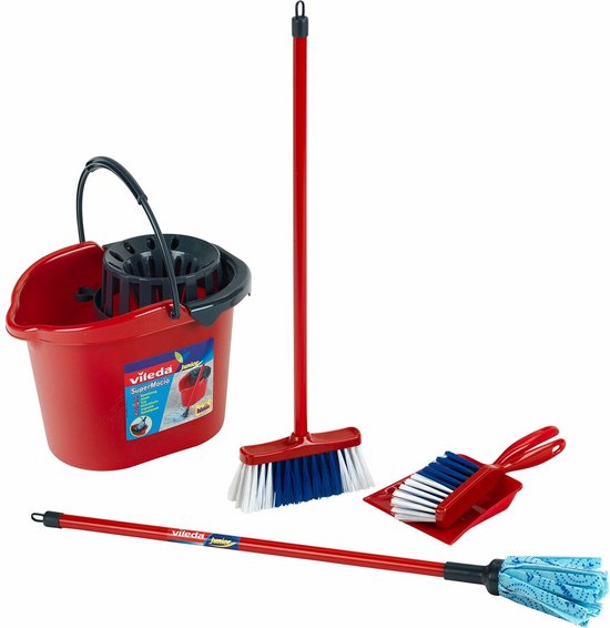"Vileda Cleaning Cart by Klein Toys - Vacuum Cleaner, Floor Mop, Bucket with Wringer, Broom, Dustpan and Brush - Includes Realistic Suction and Sound Effects - Red Blue"
Vileda Cleaning Cart