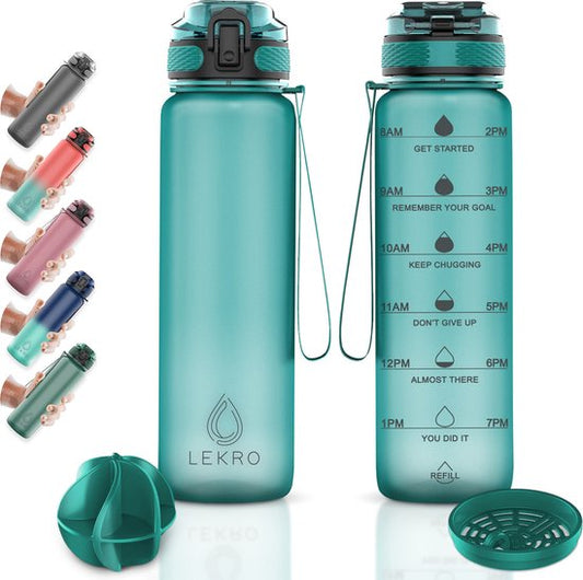 "Lekro Water Bottle with Time Markings - Motivational 1 Liter Drinking Bottle - BPA Free - Christmas Gift"
Product Name in English: Lekro Water Bottle with Time Markings