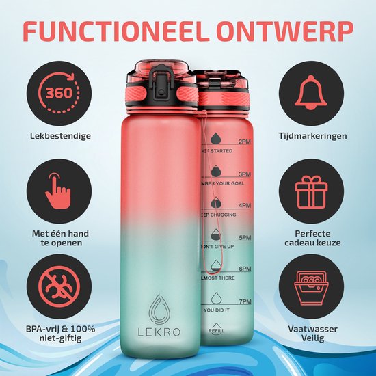 "Lekro Water Bottle with Time Markings - Motivational Drink Bottle with Fruit Filter and Shake Ball/Shaker - 1 Liter - BPA Free - Pink/Blue"
"Lekro Water Bottle with Time Markings"