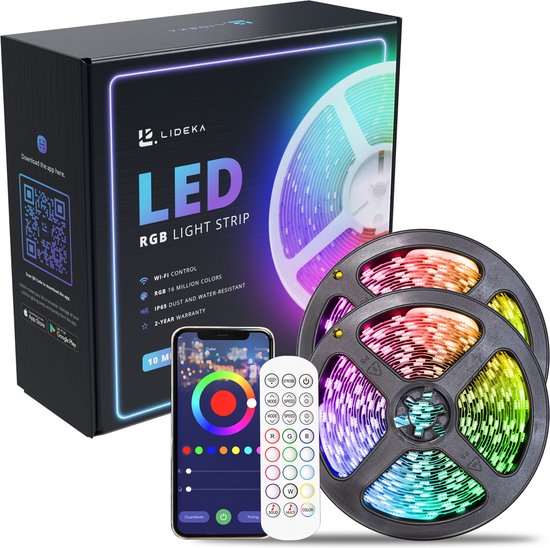 "Lideka Smart LED Light Strip - 10 Meter - App WiFi Connection - RGB Lighting - With Remote Control - Self-Adhesive"
Productnaam in het Engels: Lideka Smart LED Light Strip