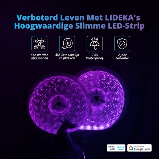 "Lideka Smart LED Light Strip - 10 Meter - App WiFi Connection - RGB Lighting - With Remote Control - Self-Adhesive"
Productnaam in het Engels: Lideka Smart LED Light Strip