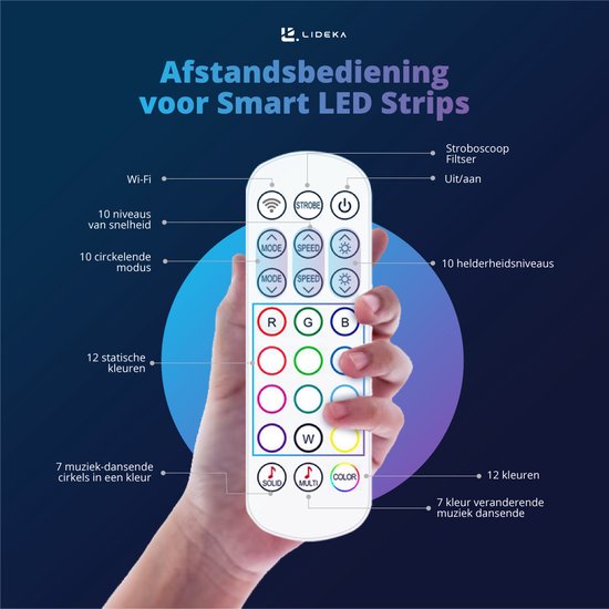 "Lideka Smart LED Light Strip - 10 Meter - App WiFi Connection - RGB Lighting - With Remote Control - Self-Adhesive"
Productnaam in het Engels: Lideka Smart LED Light Strip