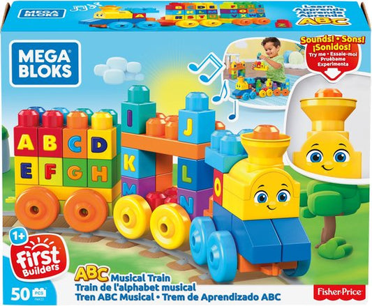 "Muzikale ABC-trein van MEGA Bloks - 50 blokken met geluid - Bouwstenen met geluiden"
Productnaam in het Engels: "MEGA Bloks ABC Musical Train"