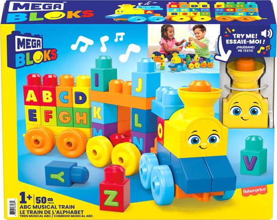 "Muzikale ABC-trein van MEGA Bloks - 50 blokken met geluid - Bouwstenen met geluiden"
Productnaam in het Engels: "MEGA Bloks ABC Musical Train"