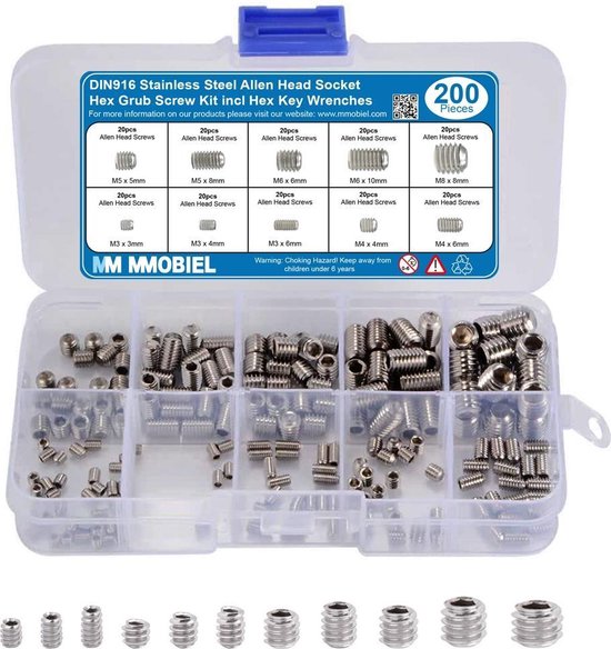 "Set of 200 MMOBIEL DIN916 Stainless Steel M3 M4 M5 M6 M8 Hex Key Screws"