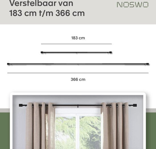 Adjustable Noswo Curtain Rod - Extendable 183 to 366 cm - Complete Metal Curtain Rail - Sleek Black Finish