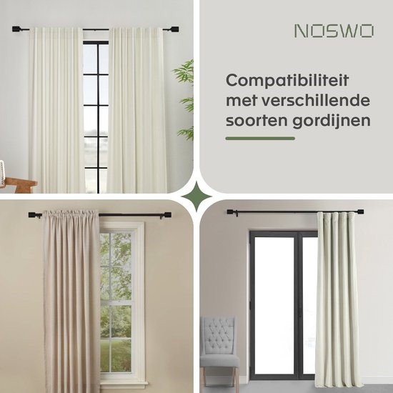 Adjustable Noswo Curtain Rod - Extendable 183 to 366 cm - Complete Metal Curtain Rail - Sleek Black Finish