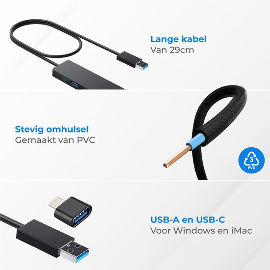 "Nuvance - USB 3.0 Hub - 4 Ports - USB C Converter Included - USB Splitter - Black"
Productnaam in het Engels: Nuvance USB 3.0 Hub 4 Ports USB C Converter USB Splitter Black