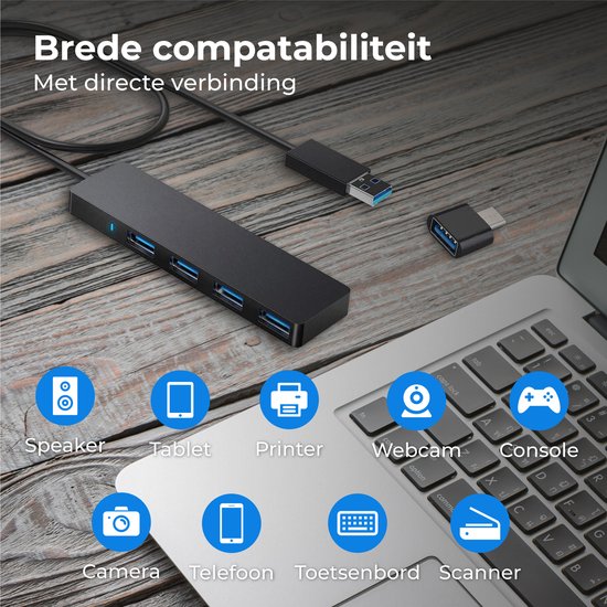 "Nuvance - USB 3.0 Hub - 4 Ports - USB C Converter Included - USB Splitter - Black"
Productnaam in het Engels: Nuvance USB 3.0 Hub 4 Ports USB C Converter USB Splitter Black
