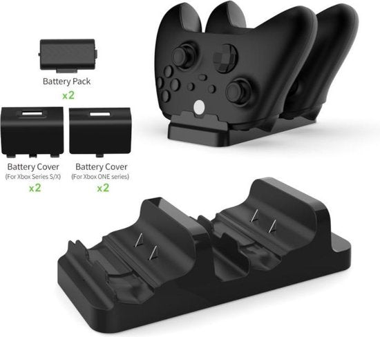 "Black Docking Station with 2 Batteries & 2 Xbox One Covers & 2 Xbox Series Covers - Charging Station for XBOX Series X/S & XBOX ONE X/S"
Product Name in English: Charging Station for XBOX Series X/S & XBOX ONE X/S