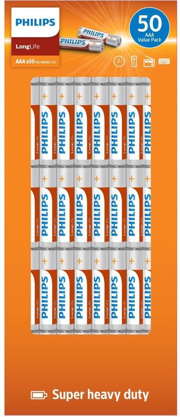 Natuurlijk! Hier is een herschreven versie van de titel in het Engels:
"Philips Longlife AAA Batteries - 50 Pack - Reliable Power for All Your Devices"
Deze titel benadrukt de betrouwbaarheid en het grote aantal batterijen in de verpakking, wat aantrekkelijk kan zijn voor klanten die op zoek zijn naar een langdurige stroomoplossing voor hun apparaten.