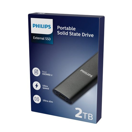 "Philips Portable External SSD 2TB - Ultra Speed USB-C & USB A 3.2 - Read Speed 550MB/s - Write Speed 520MB/s - Compatible with Windows, Mac, Android, and Game Consoles"
Product Name in English: Philips Portable External SSD 2TB