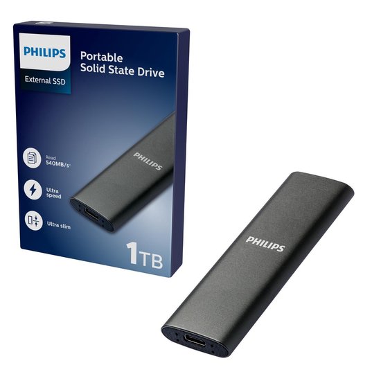 "Philips Portable SSD 1TB - SATA Ultra Speed USB-C - USB 3.2 - Read up to 540MB/s" can be rewritten as: "Philips Portable SSD 1TB with SATA Ultra Speed USB-C & USB 3.2 - Read speeds up to 540MB/s."
The English product name without punctuation marks would be: Philips Portable SSD 1TB SATA Ultra Speed USB-C USB 3.2.