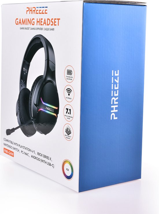 Phreeze GH-W Wireless Gaming Headset with Microphone - 2.4 GHz Wireless USB-C and USB-A - For PS4/PS5/XBOX/NINTENDO SWITCH - Over Ear Headphones with RGB Lighting - 15 Hours Playtime - Game Headset - Suitable for FPS Shooters and RPG
Phreeze GH-W Wireless Gaming Headset