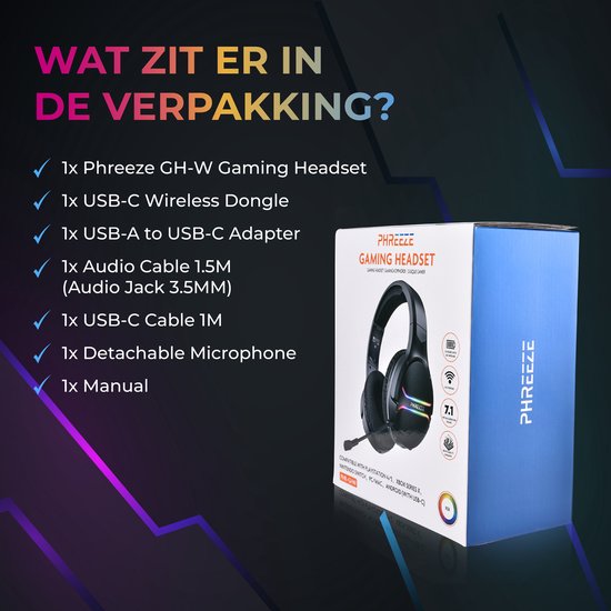Phreeze GH-W Wireless Gaming Headset with Microphone - 2.4 GHz Wireless USB-C and USB-A - For PS4/PS5/XBOX/NINTENDO SWITCH - Over Ear Headphones with RGB Lighting - 15 Hours Playtime - Game Headset - Suitable for FPS Shooters and RPG
Phreeze GH-W Wireless Gaming Headset