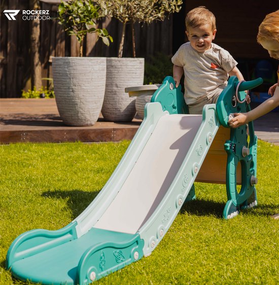 Rockerz Slide - Indoor & Outdoor Fun - Foldable - Safe Enclosed Steps - Ring Toss Game - Basketball Hoop (Ball Included) - Musical Bear - Color: Green