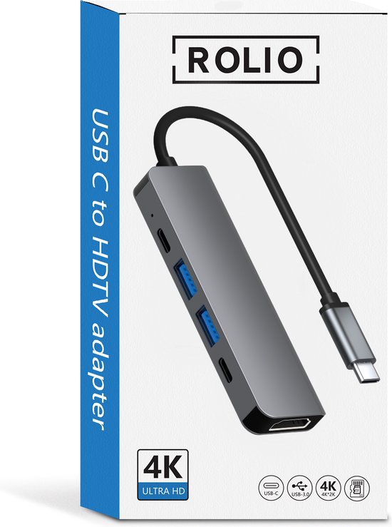 Rolio USB-C Hub met 4K HDMI, USB 3.0 en USB-C-aansluiting
Productnaam in het Engels: Rolio USB-C Hub 4K HDMI USB 3.0 USB-C