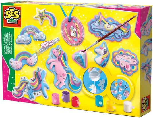 SES - Gieten en schilderen - Eenhoorns - Unicorn - Sneldrogend - Met vormpjes, gips, verf, penseel, glitters, gladstrijkkam en satijnband
"SES - Unicorn Casting and Painting Kit - Fast-drying - Includes molds, plaster, paint, brush, glitter, smoothing comb, and satin ribbon"